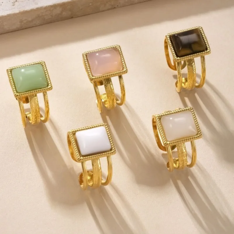 

10pcs Titanium Stainless Steel Ring Square Crystal White Pink Green Brown Stone Inlay Unisex Boho Chic Couple Rings Set Size 8