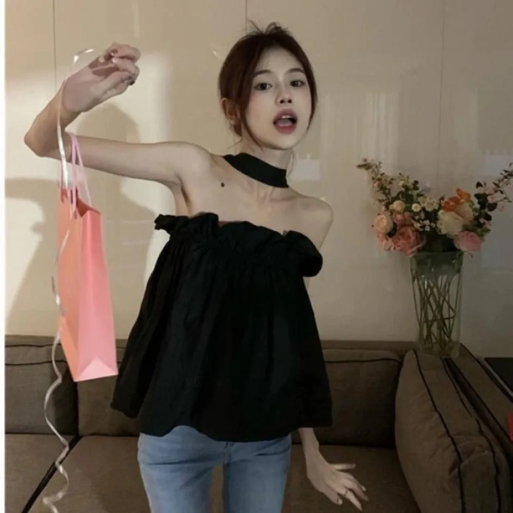 Moda plissado halter sem mangas camisola plissado doce magro colheita topos picante menina verão suspender colete feminino menina