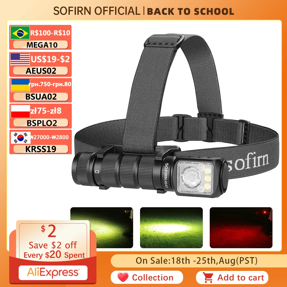 SOFIRN 캠핑용 마그네틱 LED 토치, HS42 헤드램프, 2100lm 18650 EDC USB C 충전식, 보조배터리 손전등, SST40 