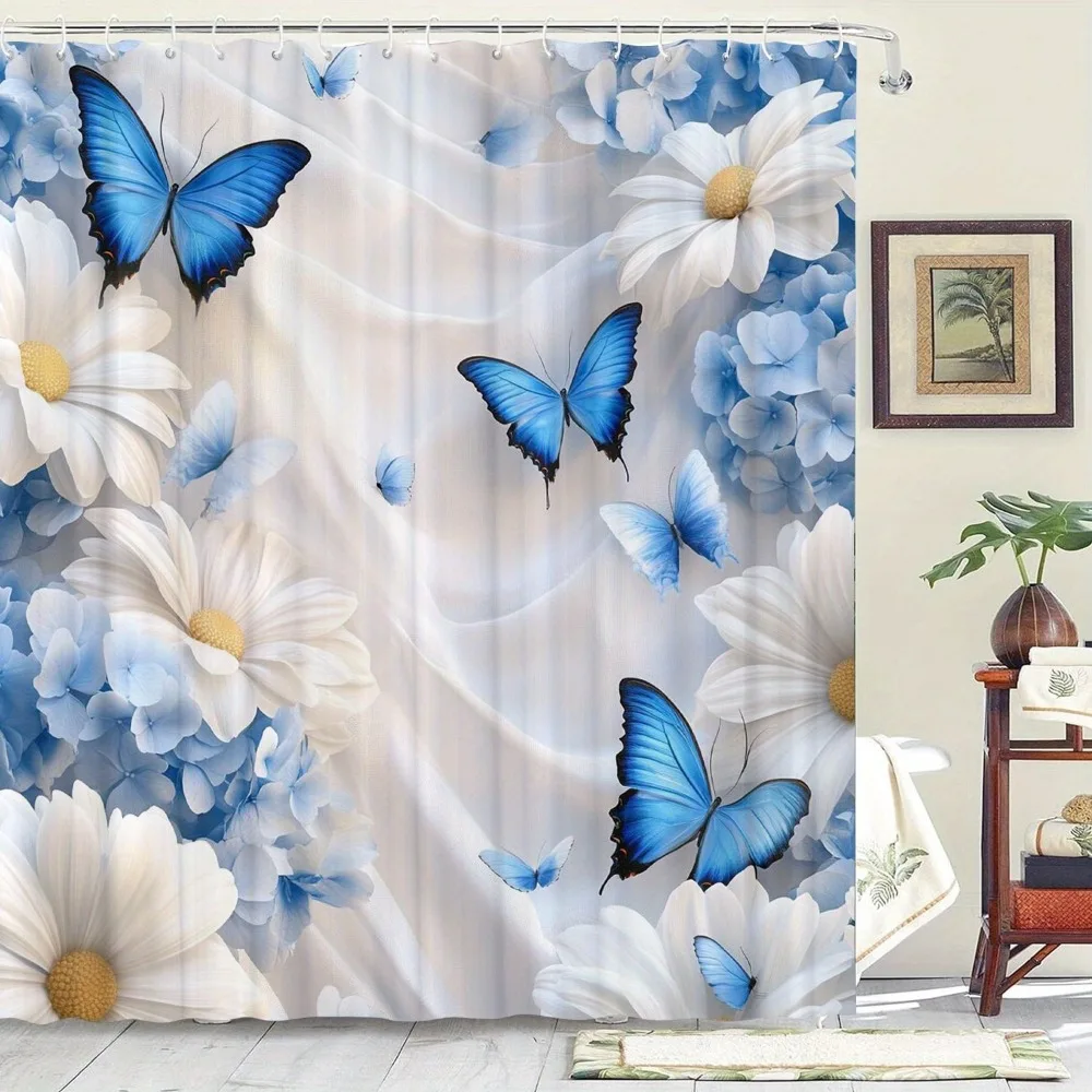 

Blue Butterfly Flower Scenery Washable Dirt-Resistant Shower Curtain Shower Head waterproof Polyester Bath Curtain