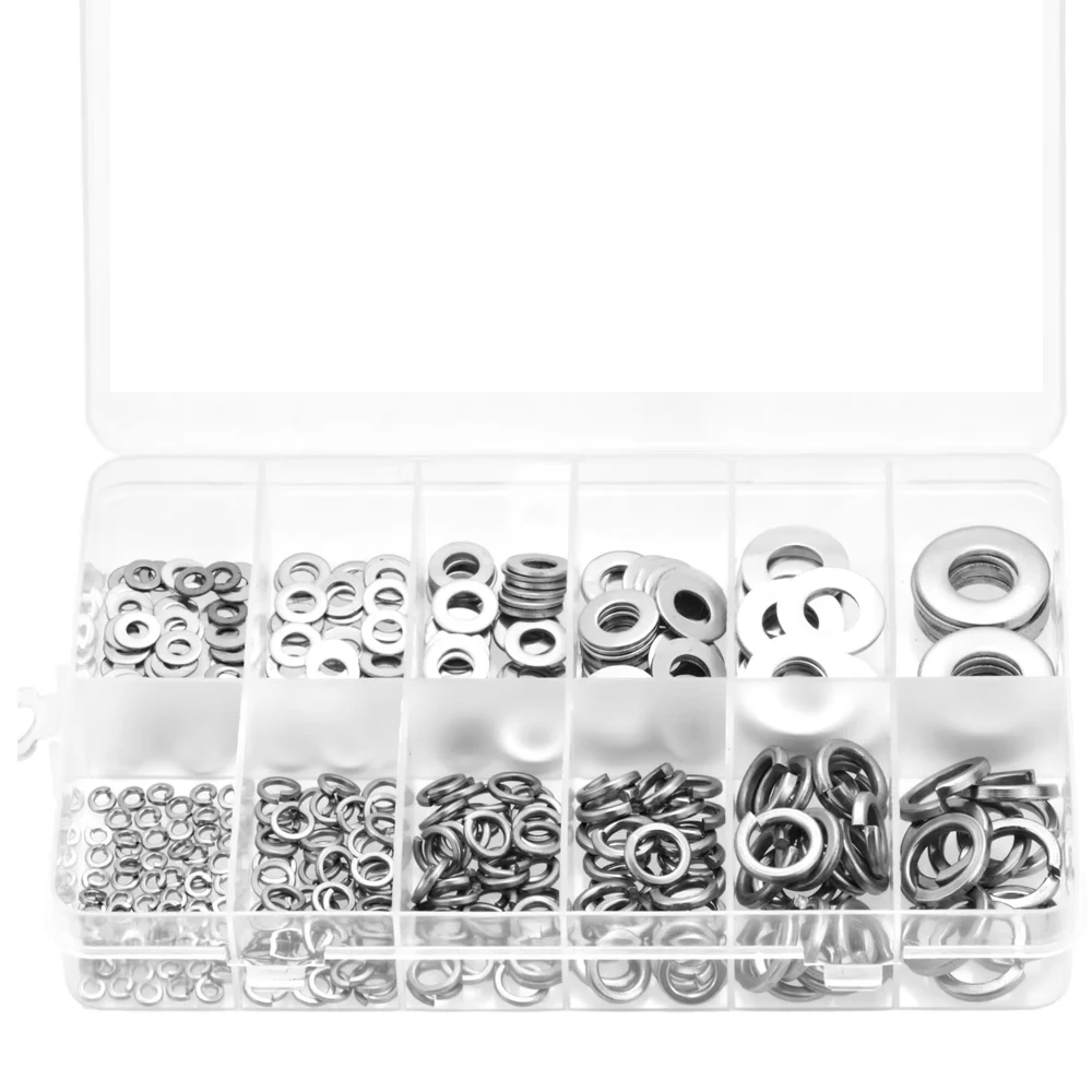 260pcs Lock and Flat Washer Assortment Kit Stainless Steel M3 M4 M5 M6 M8 M10 Spring Lock Washers and Flat Washers Set