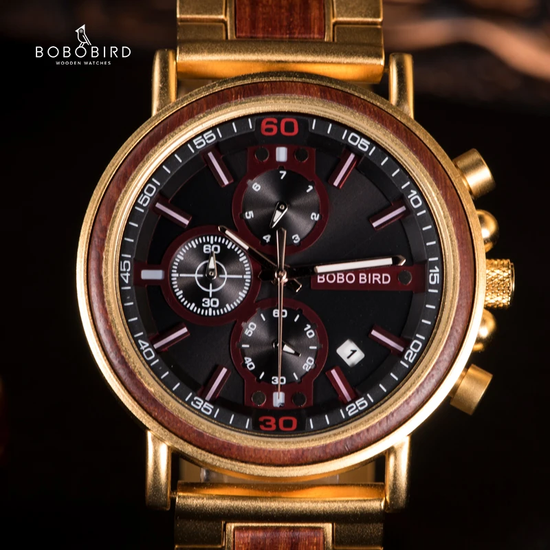 Customize Logo Name Men Wood Watches BOBO BIRD Fashion Calendar Stopwatch Personalized Quartz Wristwatches Gift Dropshipping