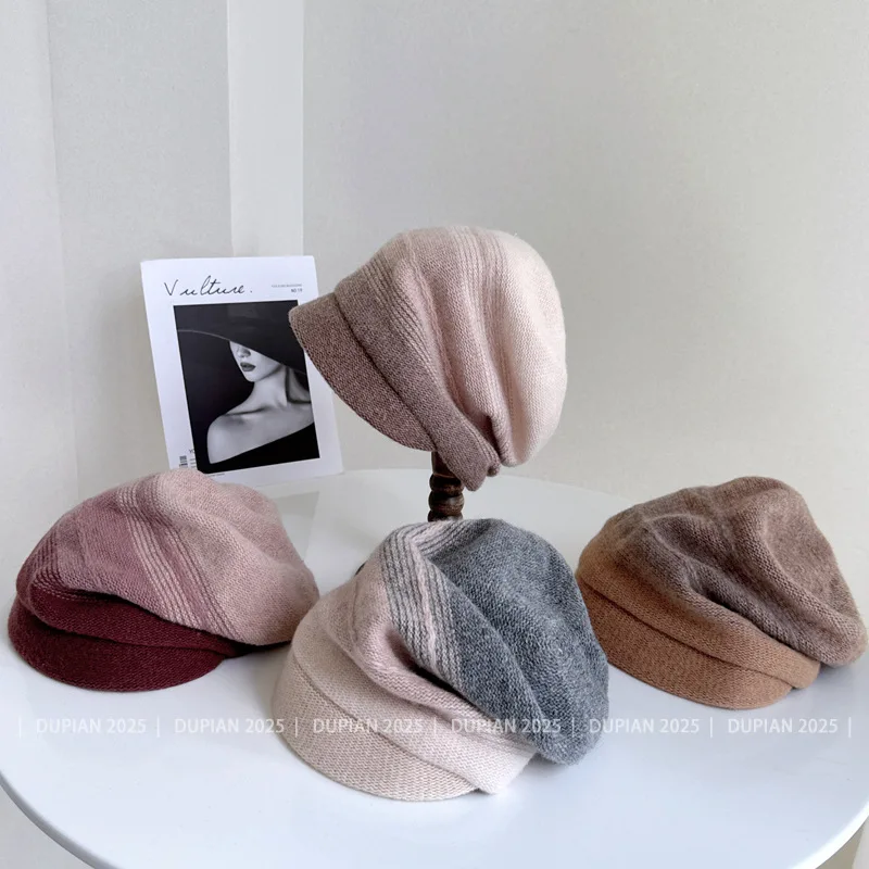 عالية الجودة صوف ميرينو المخلوطة كومة قبعة 100% الصوف الأسترالي محبوك قبعة المرأة في الهواء الطلق التدرج اللون مخطط قبعة من الصوف