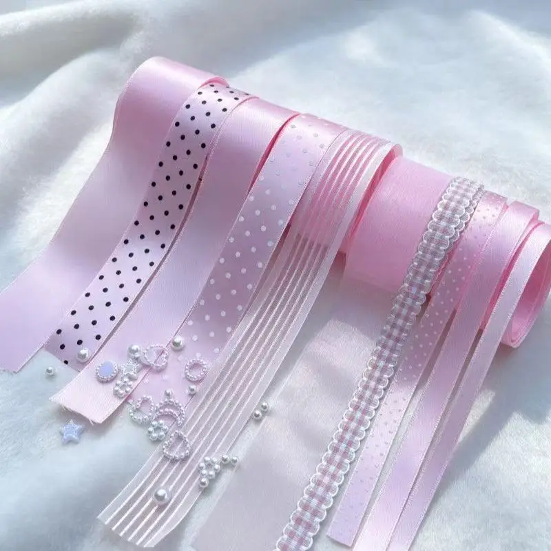 10PC Mix Pink Korean Polka Dot Striped Ribbon Set Combination Lace Handmade Bow Hair Accessories Gift Packaging DIY Materials