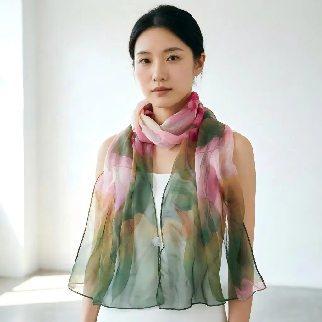 

Lotus Print Chiffon Scarf - Lightweight Georgette Wrap for Women, 160cm long ,Four Seasons Soft Shawl for Beach & Daily Wear