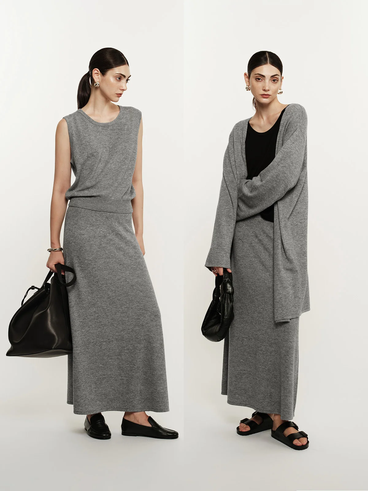 

FSYSKINS Tee-Piece Set Cloud Soft Double Wool Vest Skirt Belted Open Cardigan Dual Color Casual Loose Fit Knitted Woole...