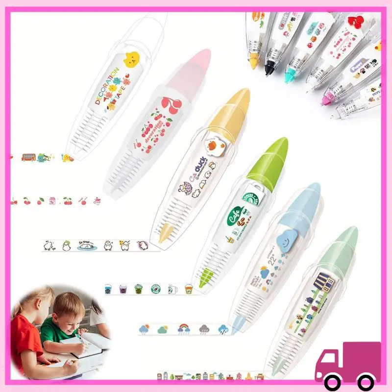 

Compact DIY Cartoon Press Type Decorative Pen, Ally-Pocket Tape Pen, Cute Animals Scrapbooking Diary Decoration Tape Pen,B-6PCS