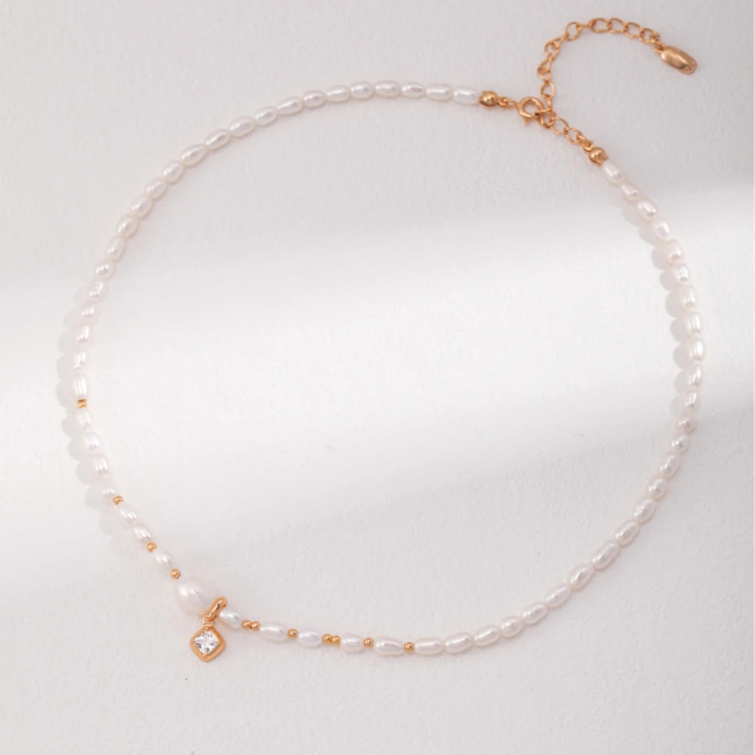 S925 Silver 18K Gold Sweet Love Pure Silver Pearl Necklace Length 38cm+6cm Pearl 4mm 7mm 100459