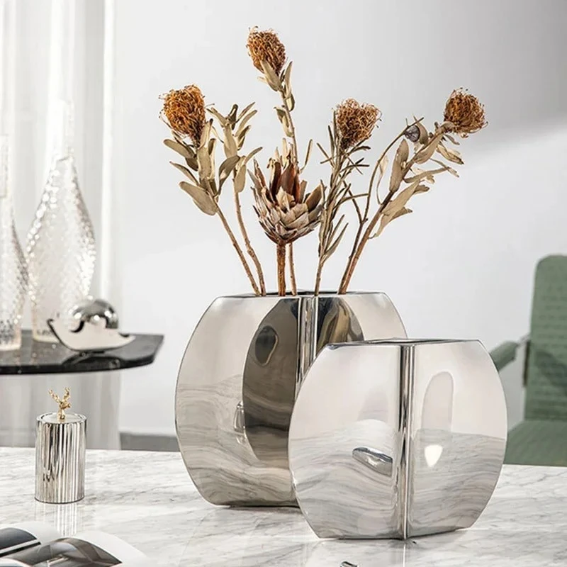 Silvery Geometry Vase Desk Decoration Flower Arrangement Artificial Flowers Decorative Floral Vases Room Aesthetic Decor