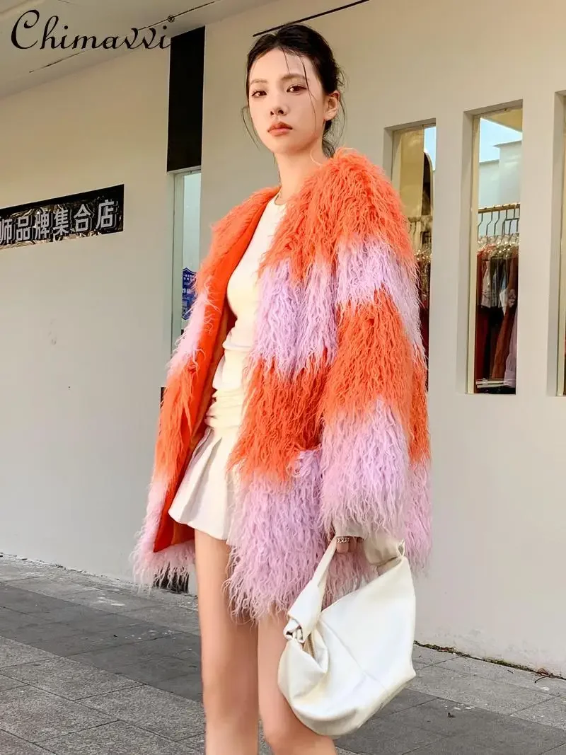 Autumn and Winter New Contrasting Color Fur Top Jacket High-end Fashion Plush Loose Long-sleeved Warm Elegant Beach Wool Coat