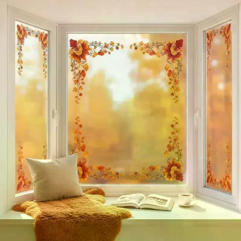 Reusable Autumn-Themed Window Clings Featuring Sunflowers And Pumpkin PVC Static Cling Decals For Smooth Glass
