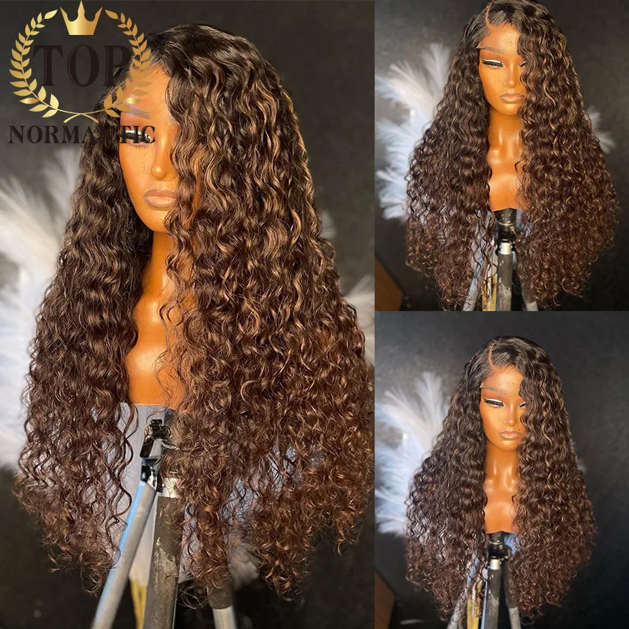 

Topnormantic Highlight Color Italian Curly Brazilian Hair Wig with Middle Part Human Hair Ombre Brown Color 13x4 Lace Front Wigs