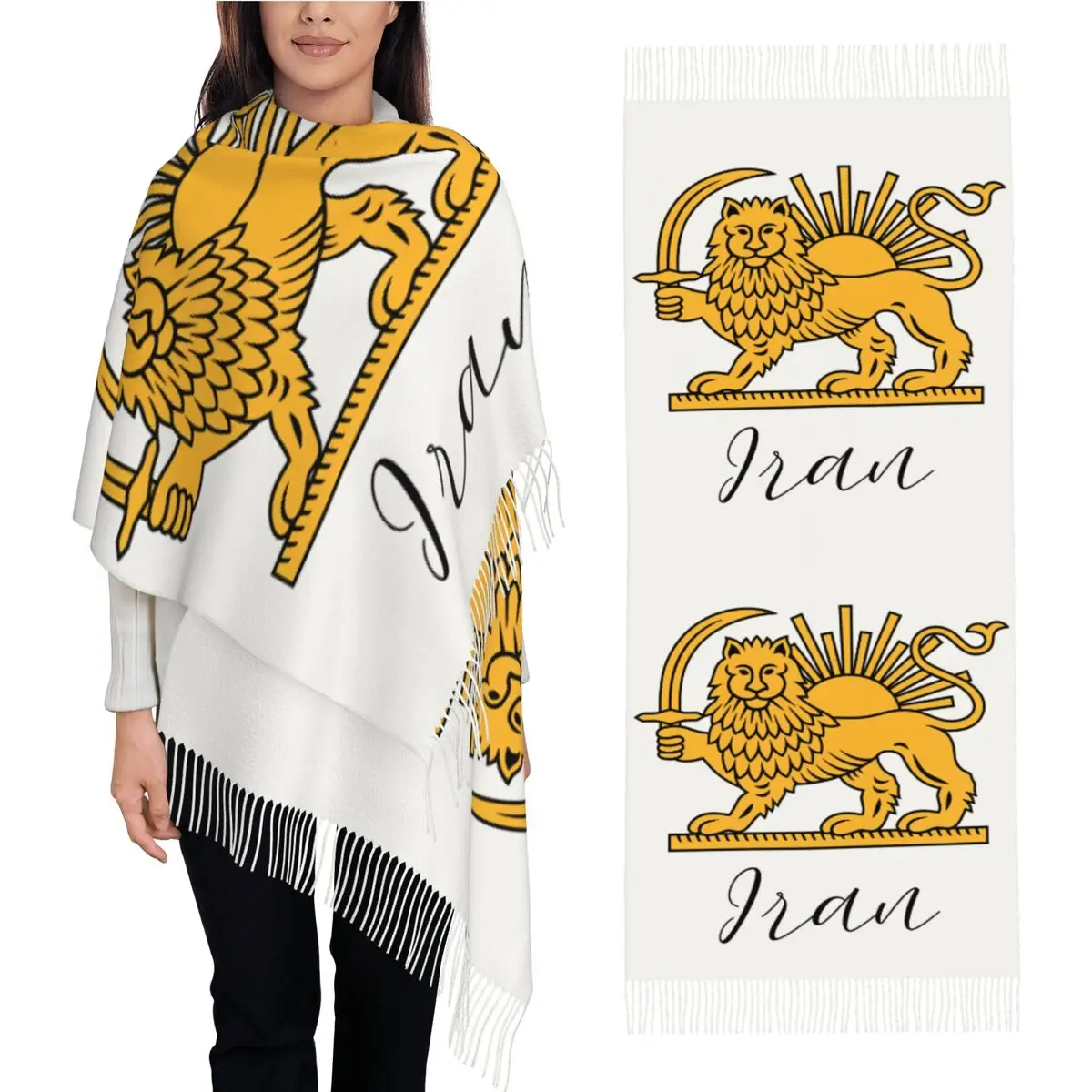 

Female Scarf Warm Make Iran Great Again Head Scarves with Tassel Iranian National Emblem Gold Lion Casual Shawl Wrap Foulard
