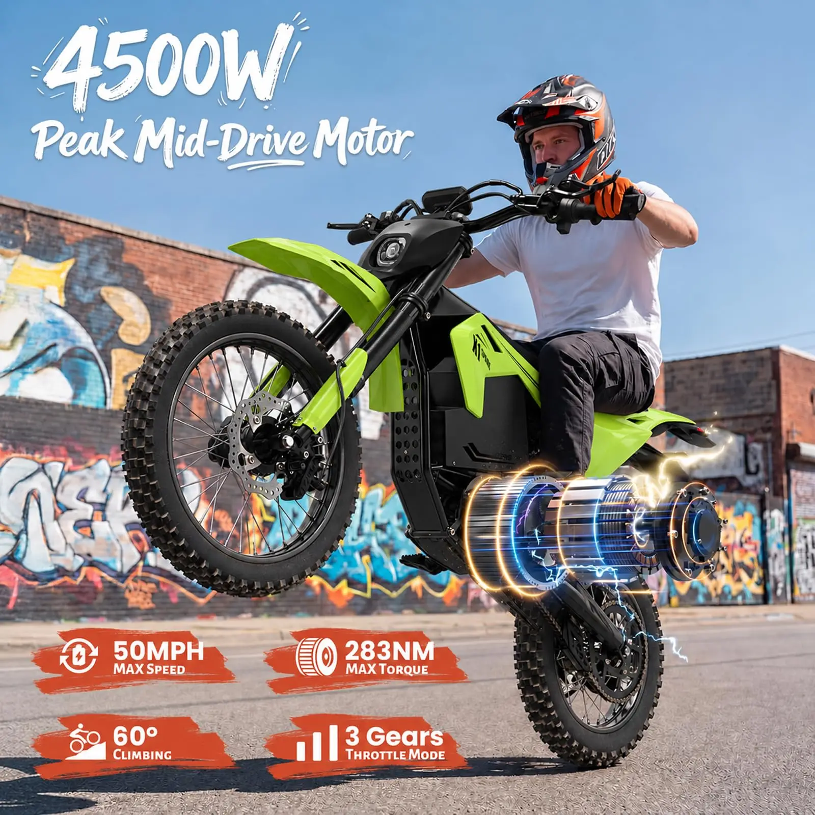 QRONGE X1 Spark L Electric Dirt Bike – 4500W Peak Motor, 50MPH Top Speed, 60V 28.8Ah Battery, 17