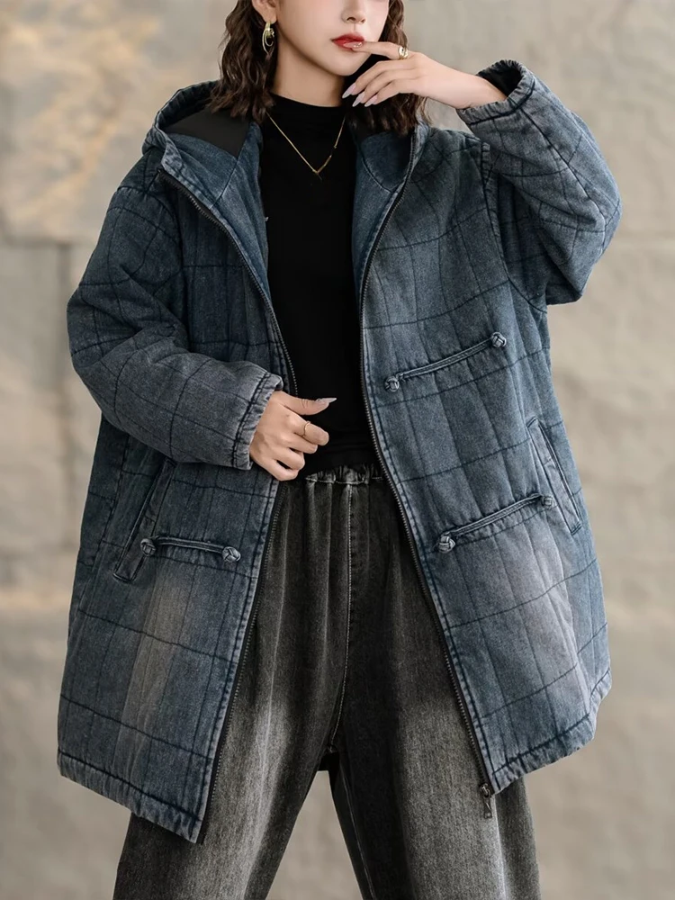 Max Lulu Winter Chinese Dames Geruit Denim Gewatteerde Jeacket Vintage Warme Klassieke Losse Parka 'S Casual Dikke Grote Jassen