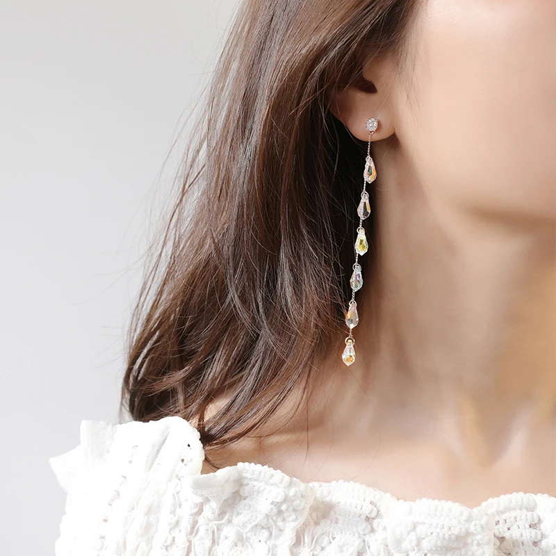 Bohemian Tassel Drop Earrings Long Pendant Crystals from Austria Beads Jewelry Silver Color For Women Wedding Party Christmas