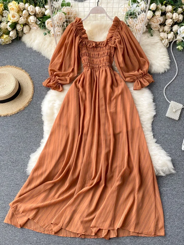 Summer Women\'s Dress New Square Collar Wooden Ear Bubble Sleeve Dress Korean Style Waist Slim Chiffon Female Dresses GX087
