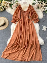 Summer Women's Dress New Square Collar Wooden Ear Bubble Sleeve Dress Korean Style Waist Slim Chiffon Female Dresses GX087
