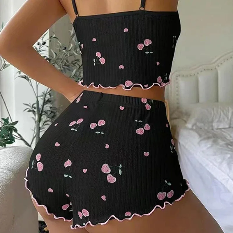 Damen-Schlafanzug-Set für den Sommer mit Herz-Print, Sexy Geripptes Crop-Top mit Schleifendekoration und Rundhalsausschnitt, Rückenfreies Cami-Top & Shorts Nachtwäsche – Detail 12