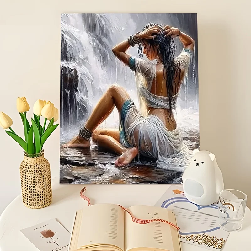 Professional Art Use A Set of Digital Oil Painting Kit Titled 'Women by The Stream with Waterfall Makeup', Featuring Easy Canvas