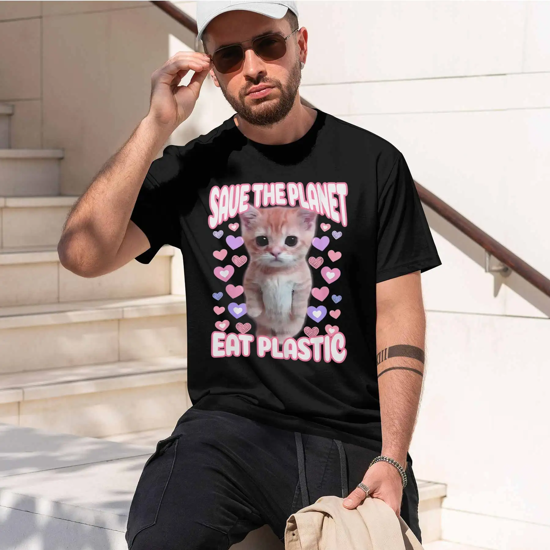 new printed T-shirt printed with  Men's Funny Eco-Irony Cat T-Shirt Save The Planet Eat Plastic Graphic Casual Short Sleeve Top