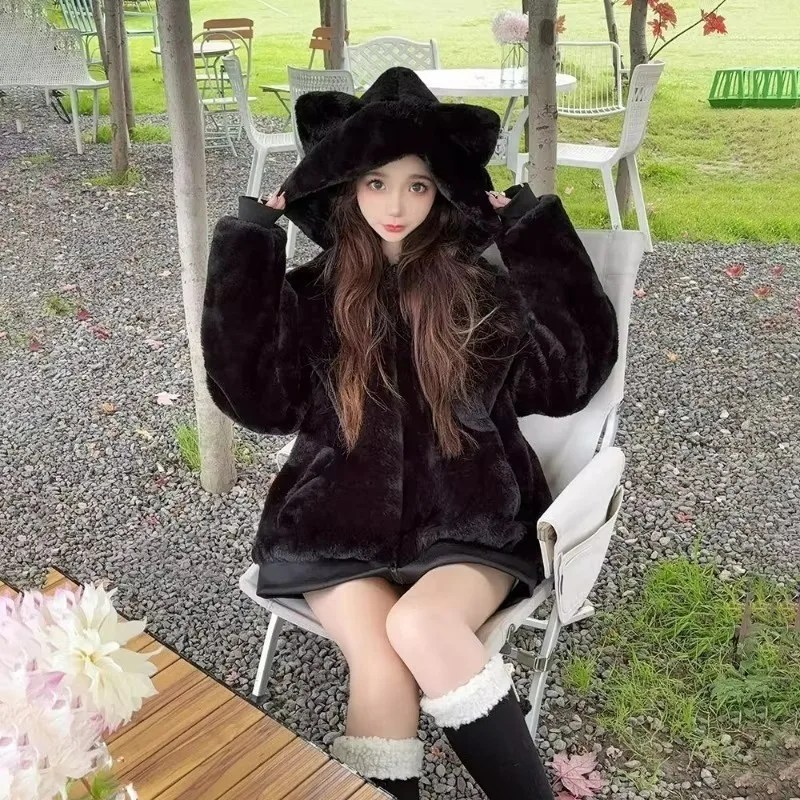 New Fashion Cat Ears Sweet and Cute Coat Women Autumn Winter Imitation Rabbit Fur Environmentally FriendlyThickened Warm Clothes