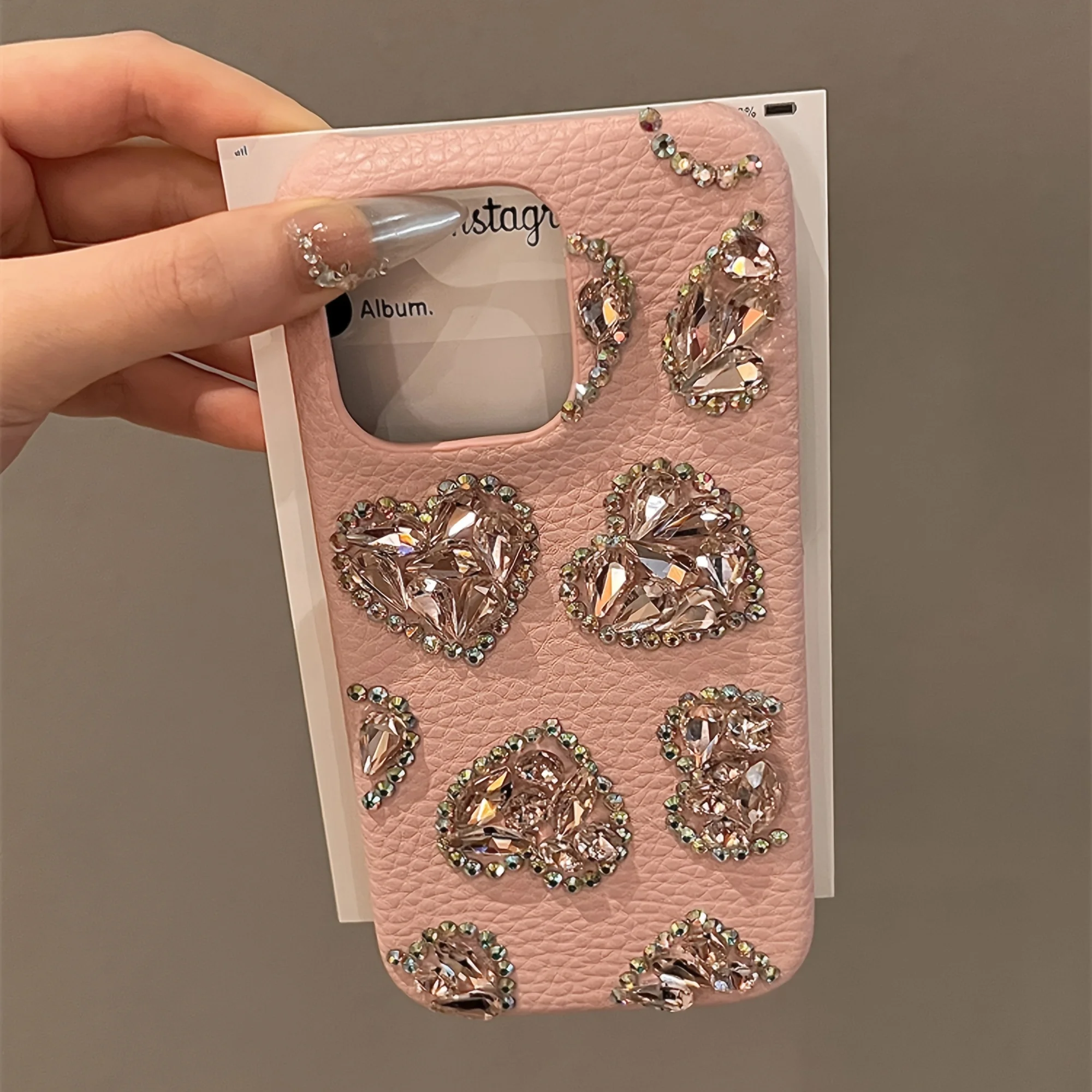 Stylish Lychee Print Love Rhinestone Phone Case For iPhone 11 12 13 14 15 Pro Max Anti-fall Fashion Luxury For Girls