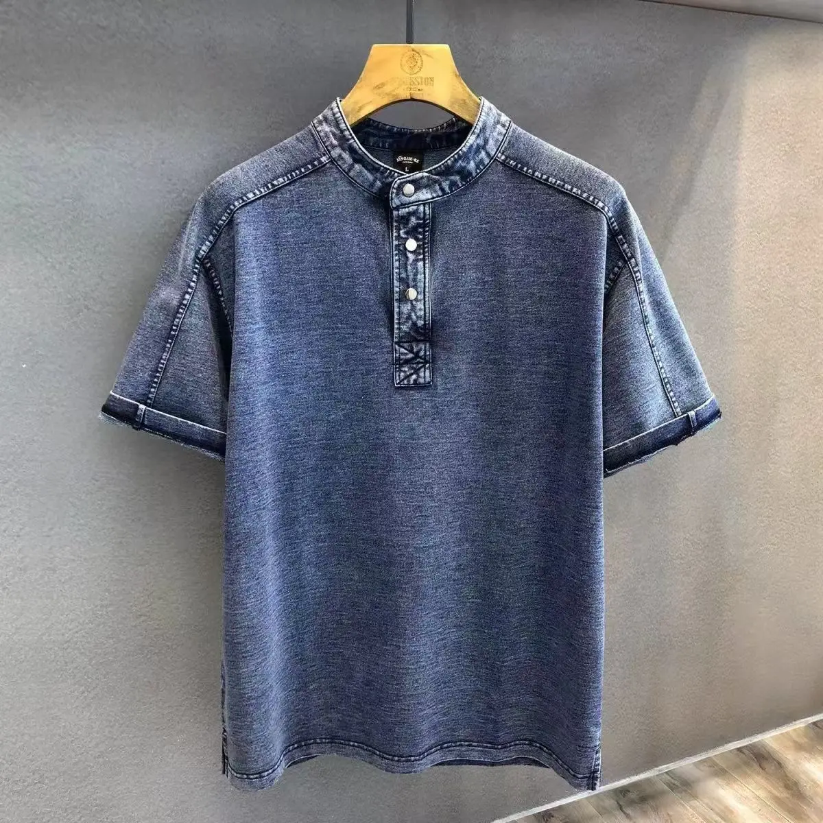 

Summer men's pure cotton Denim short sleeved T-shirt American loose fitting Workwear top Casual versatile Top