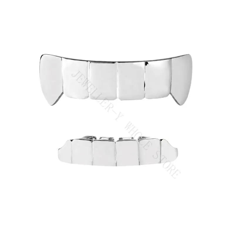 R7UF Tooth Grill Set Mirror Finish Connected Upper and Lower Pair, Plated Metal Statement Mouth Jewelry for Party Styling
