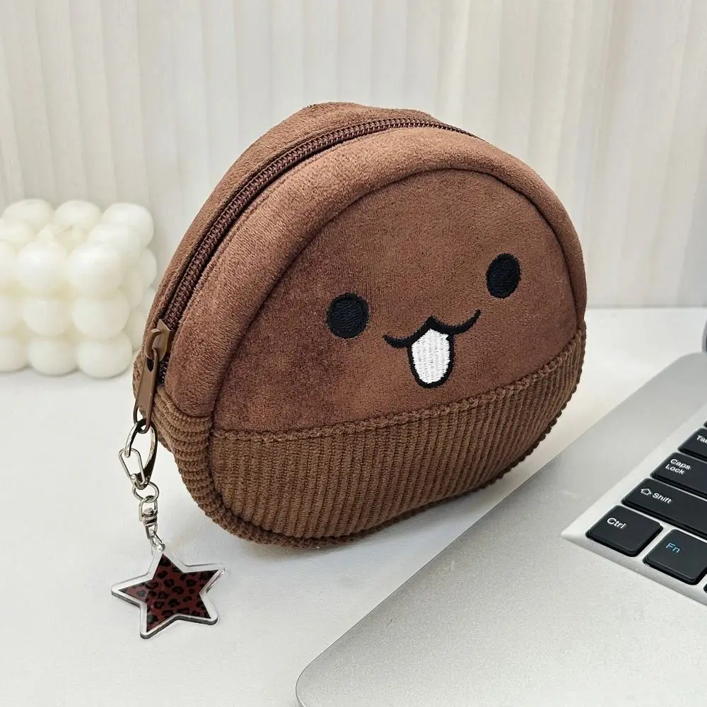 Cute Corduroy Coin Purse Chestnut Zipper Design Makeup Bag Small Cosmetic Pouch Home Travel