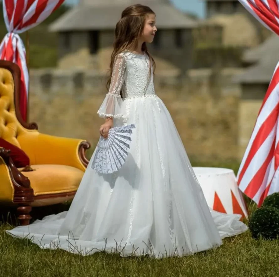 

Princess White A-Line Flower Girl Dresses For Wedding Lace Puff Long Sleeves First Communion Dress Child 1-14T