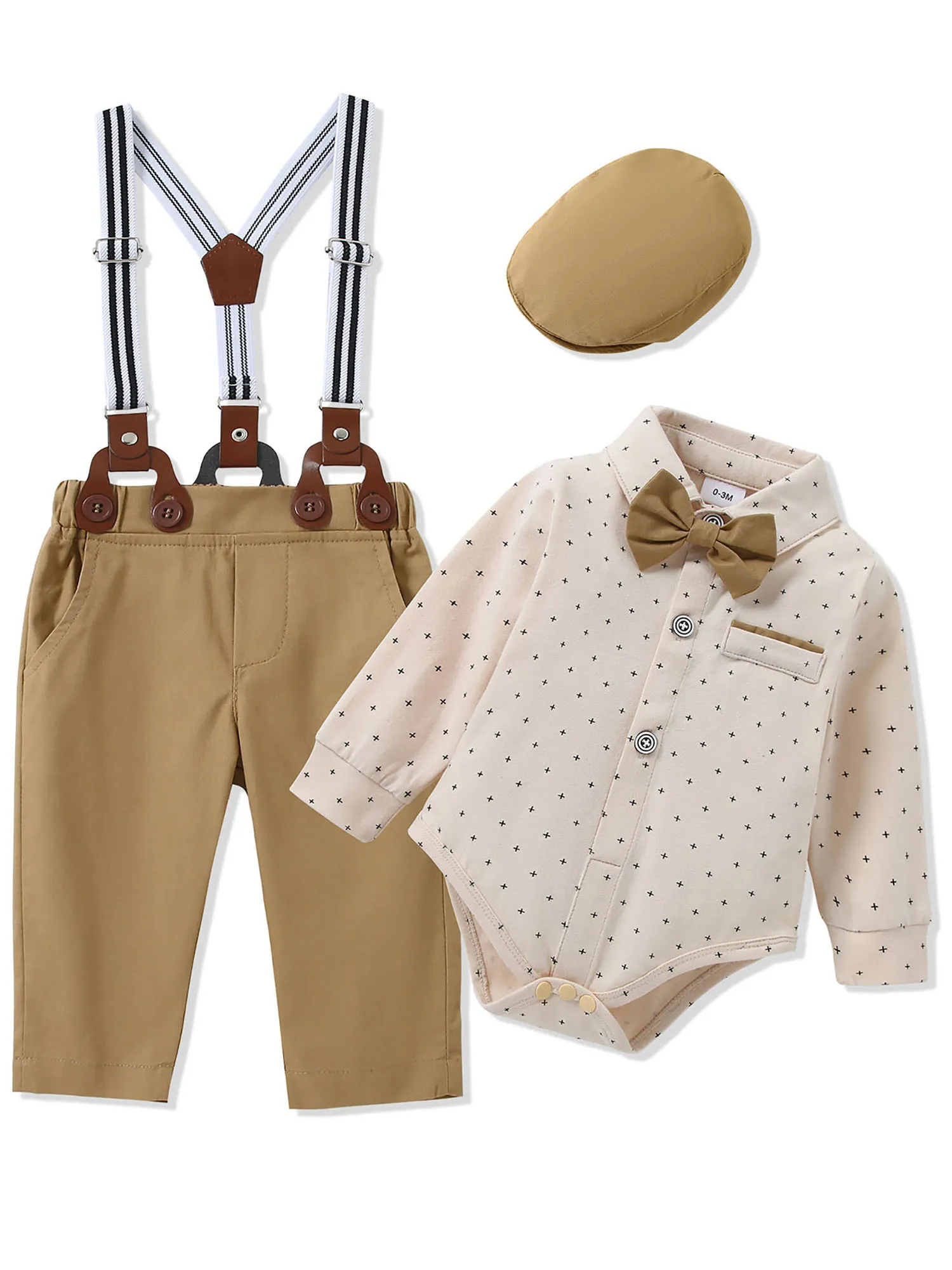 

Baby Boy Suit Gentleman Outfit Clothes Set Infant Tuxedo Long Sleeve Dress Shirt+Suspender Pants+Bowtie+Beret Hat