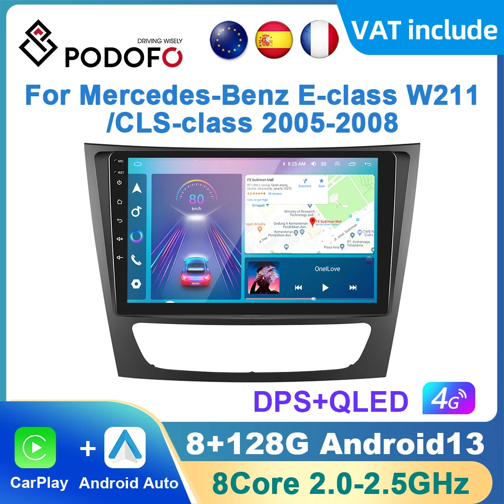 Podofo Android Carplay Car Radio For Mercedes Benz E-Class W211 E200 CLS W219 2002-2009 Android Auto 4G Multimedia Player