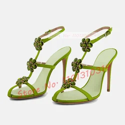 Gems Flowers Green Heeled Sandals Women Slender T-strap Bling Luxury Shoes 2023 Catwalks New Casual Party Summer Yellow Sandals