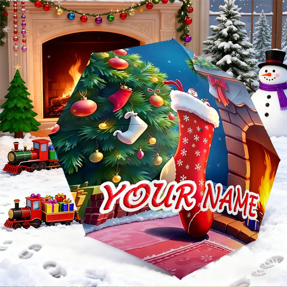 Custom Name Umbrella， Christmas Stocking by Fireplace with Festive Tree Design ,Portable Folding Umbrella, Christmas Gift