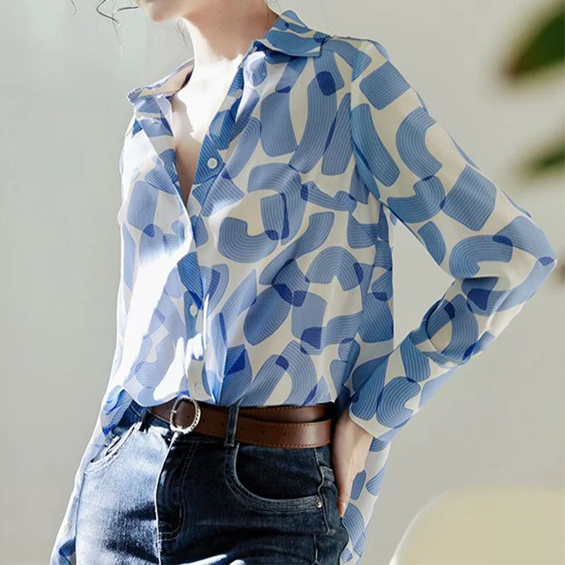 Spring Autumn Clothes for Women Blue Long Sleeved Shirt Fashionable Printing Long Sleeve Turn-down Collar Splicing Button Blouse