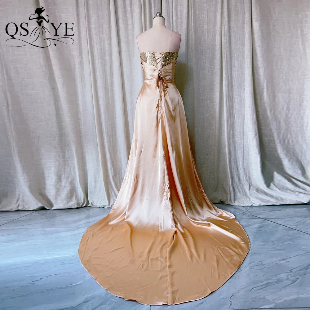 QSYYE-Vestidos largos de graduación sin hombros, traje de noche de satén con cuentas de cristal, vestido de fiesta de tren grande, alto-bajo, color champán