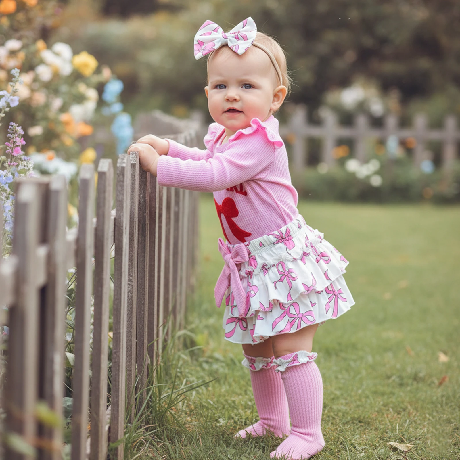

Baby Girl Clothing Set Cute Long Sleeve Bow Embroidery Romper with Skort, Headband, Stockings 4Pcs Outfit