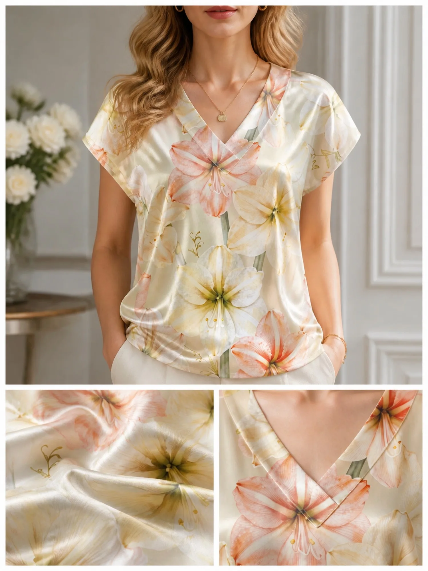 Floral Satin V Neck Top for Women Cap Sleeve Soft Draped Fit Silky Light Vacation Daily Wear Lightweight Breathable Holiday Cafe