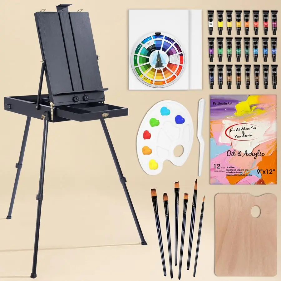 

Artist Painting Set with French Easel, 37Pcs Professional Easel Kit with Canvas, Paintbrush, Paints Suitable for Adults, Artists
