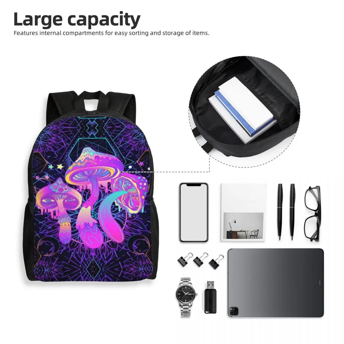 Mochila Trippy Mushrooms Laptop, mochila básica para estudante universitário, sacos psicodélicos mágicos para mulheres e homens