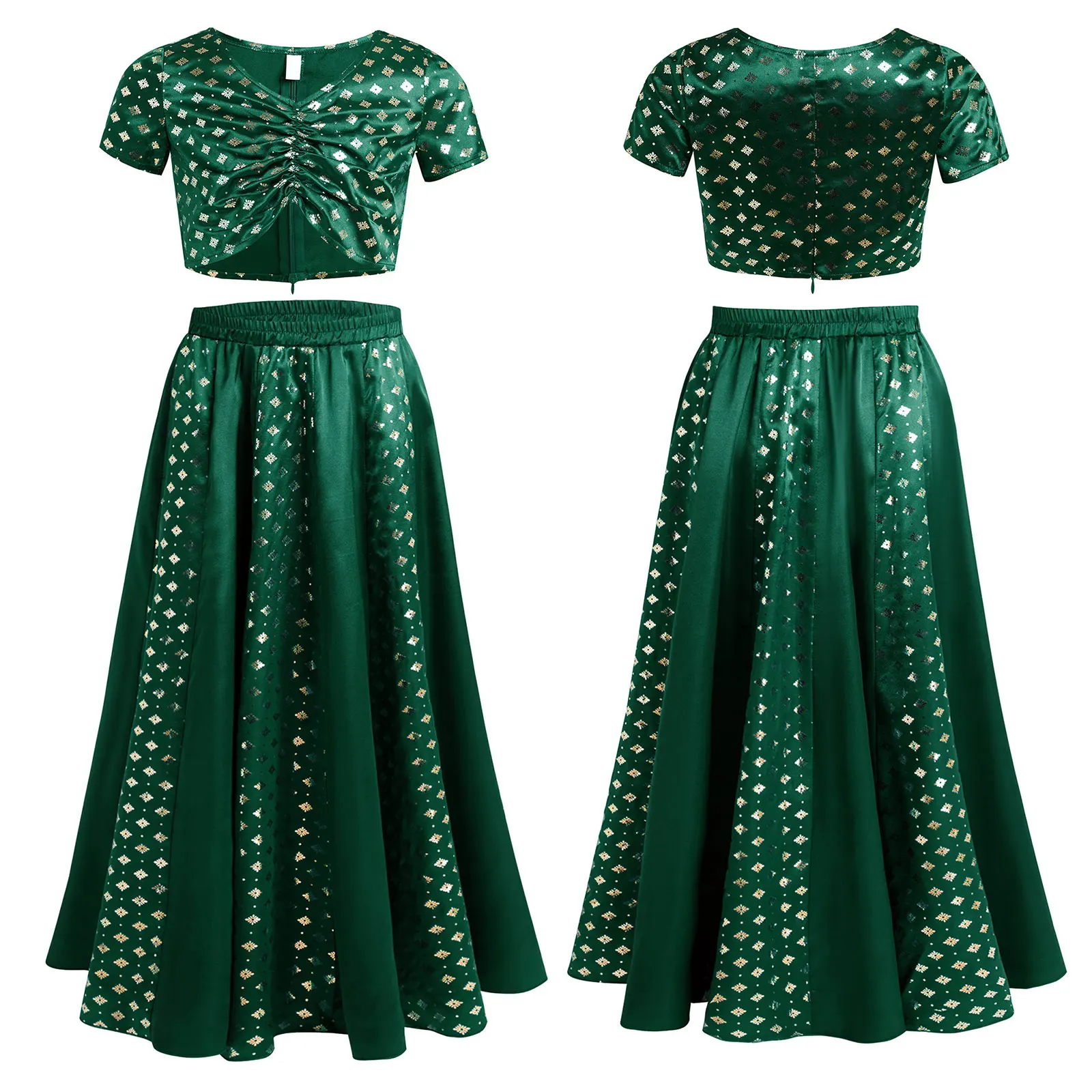 สาวอินเดีย Lehenga Choli ชุดแขนสั้นพิมพ์ลายดอกไม้เมทัลลิคซาติน Crop Top พร้อมกระโปรงสําหรับ Halloween Masquerade Role Play