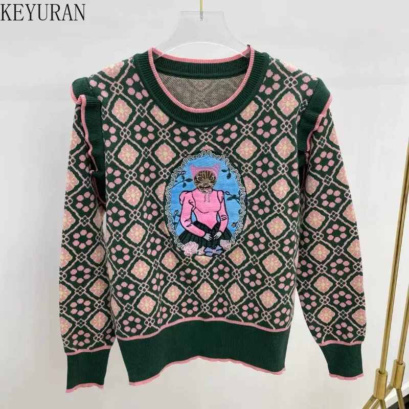 Vintage Embroidery Cartoon Knitted Women Sweaters Pullovers Sweet Chic Ruffles Kawaii Sweater Knitwear Tops Jumper Y2k Clothes