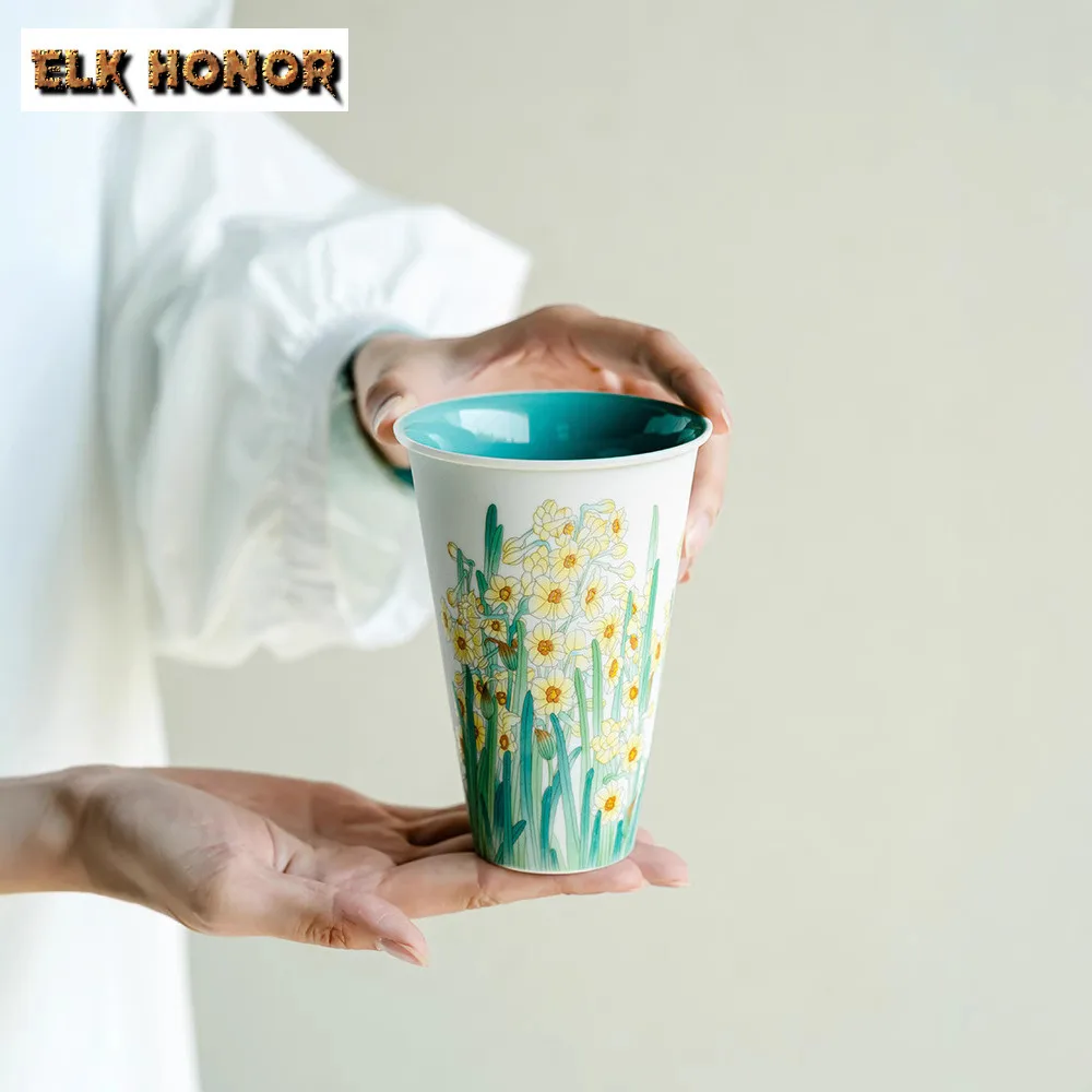 

350ml Sheep Fat Jade Narcissus Flower Large Cola Mug Bubble Teacup Cold Hot Water Jug Office Water Cup For Tea Ornaments Craft
