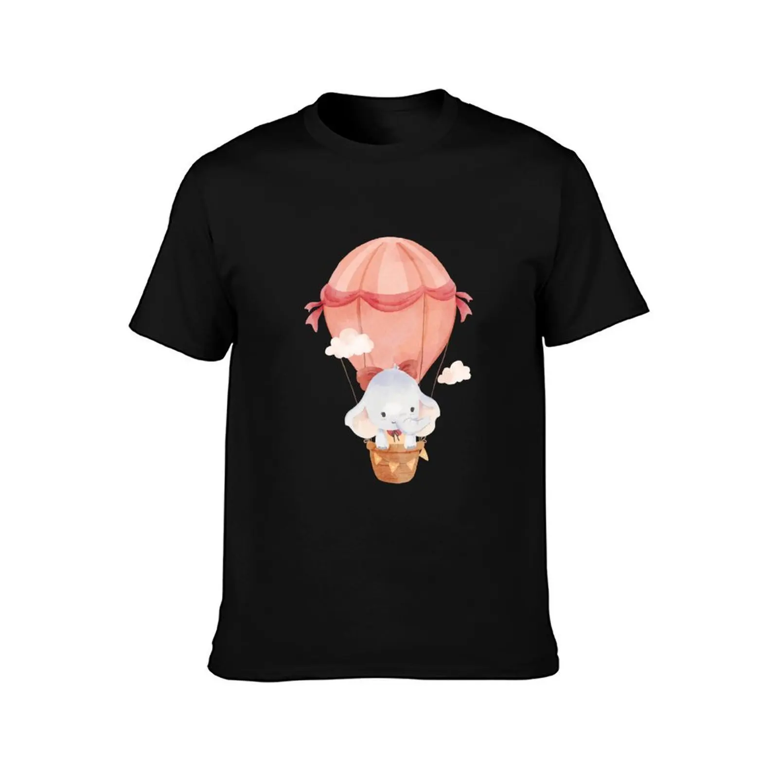 Cute Elephant Hot Air Balloon Watercolor T-Shirt, Summer Casual Cotton Tee, Oversized Streetwear Tops, Vintage Graphic Print