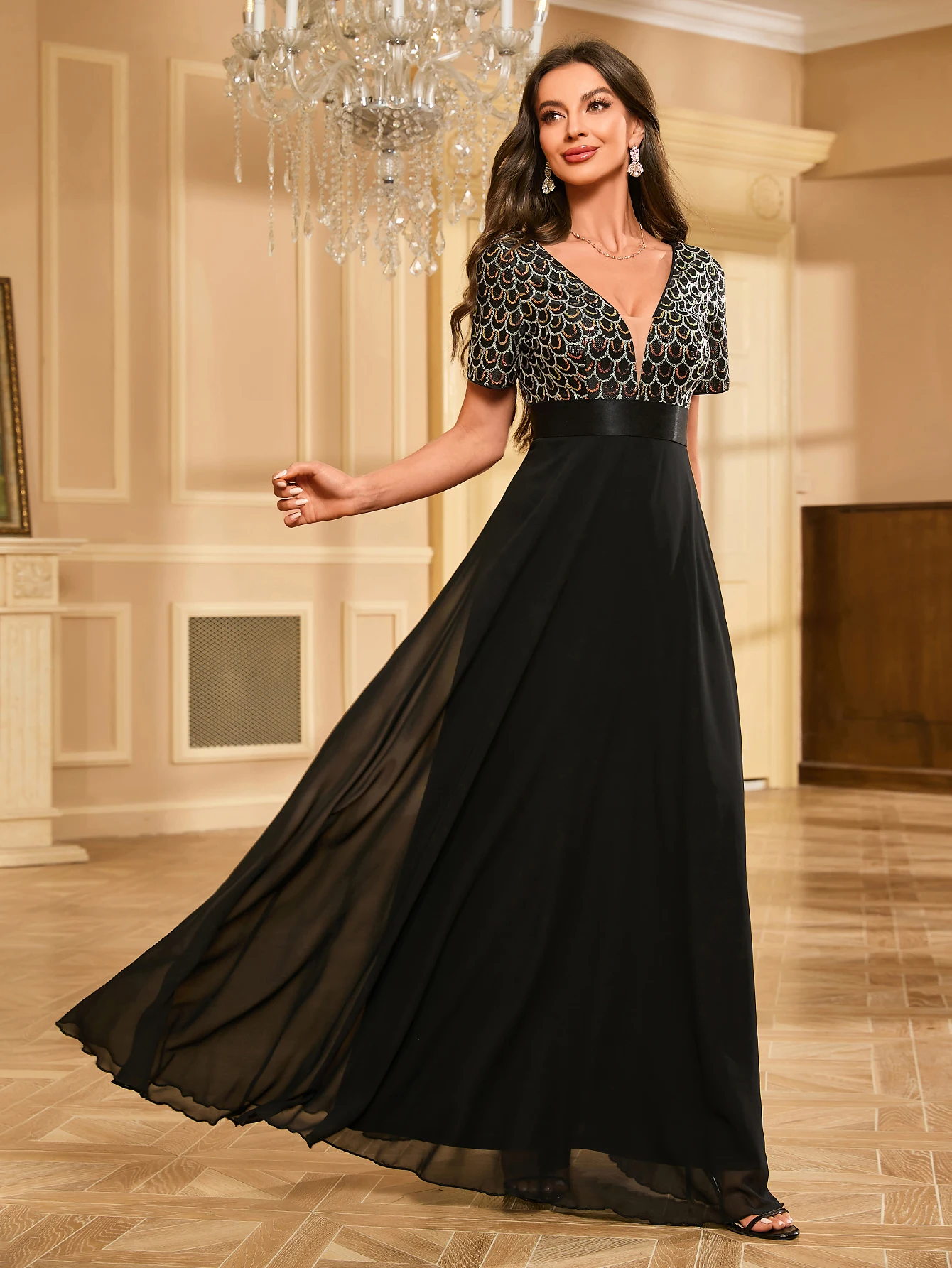 

Женское шифоновое вечернее платье Unithorse с V-образным вырезом и коротким рукавом