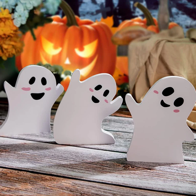 3 Pieces Halloween Ghost Haunted House Tiered Tray Decorations Wooden Ghost Theme Wood Sign Spooky Table Sign For Fall Halloween