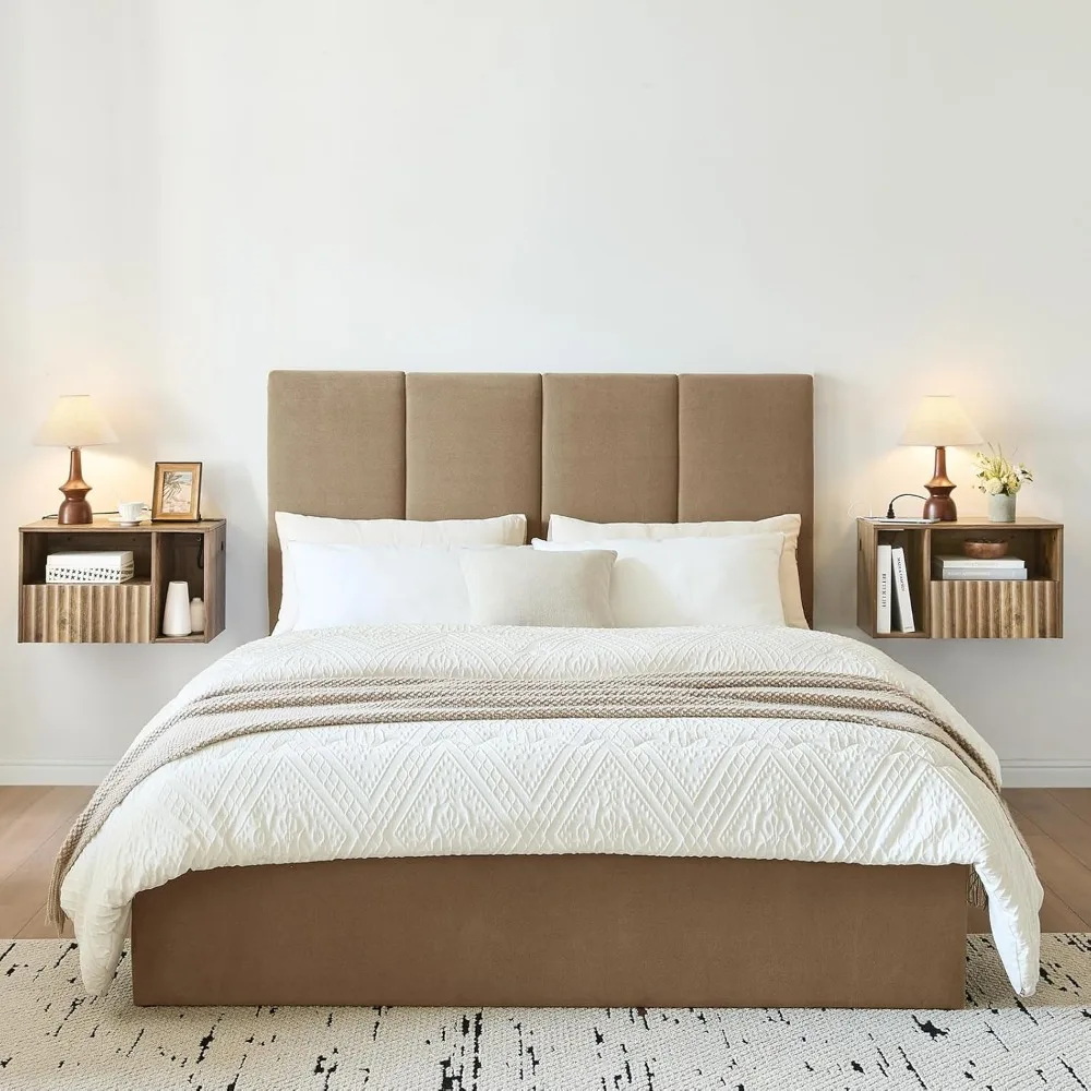 Mesita de noche moderna rústica marrón con cajón, puertos y tomas de carga USB: juego de 2 mesitas de noche flotantes para vivir moderno