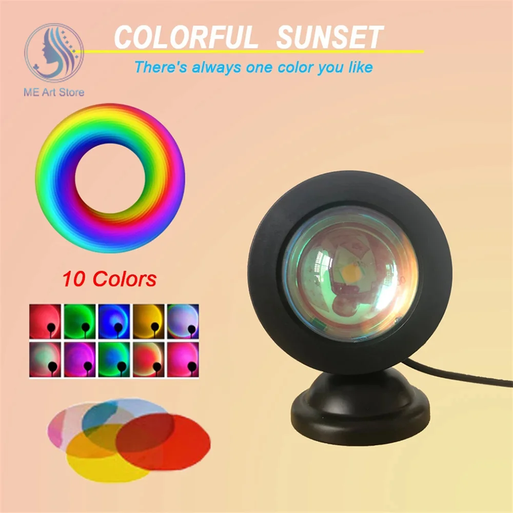 USB Sunset Lamp LED Projector Night Light 16 Colors Projector Light Rainbow Atmosphere Home Bedroom Background Wall Decoration