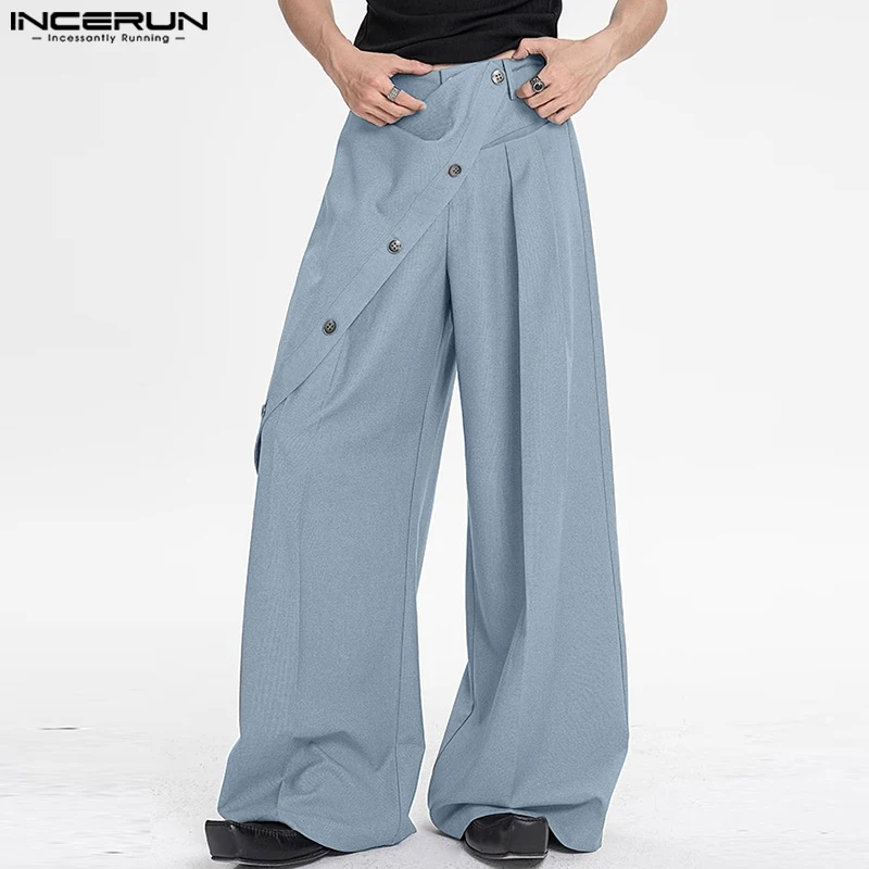 INCERUN Men Pants Solid Long Trouser Irregular Buttons Solid Color Oversized Wide Leg Pant Autumn Streetwear Casual Loose Pant